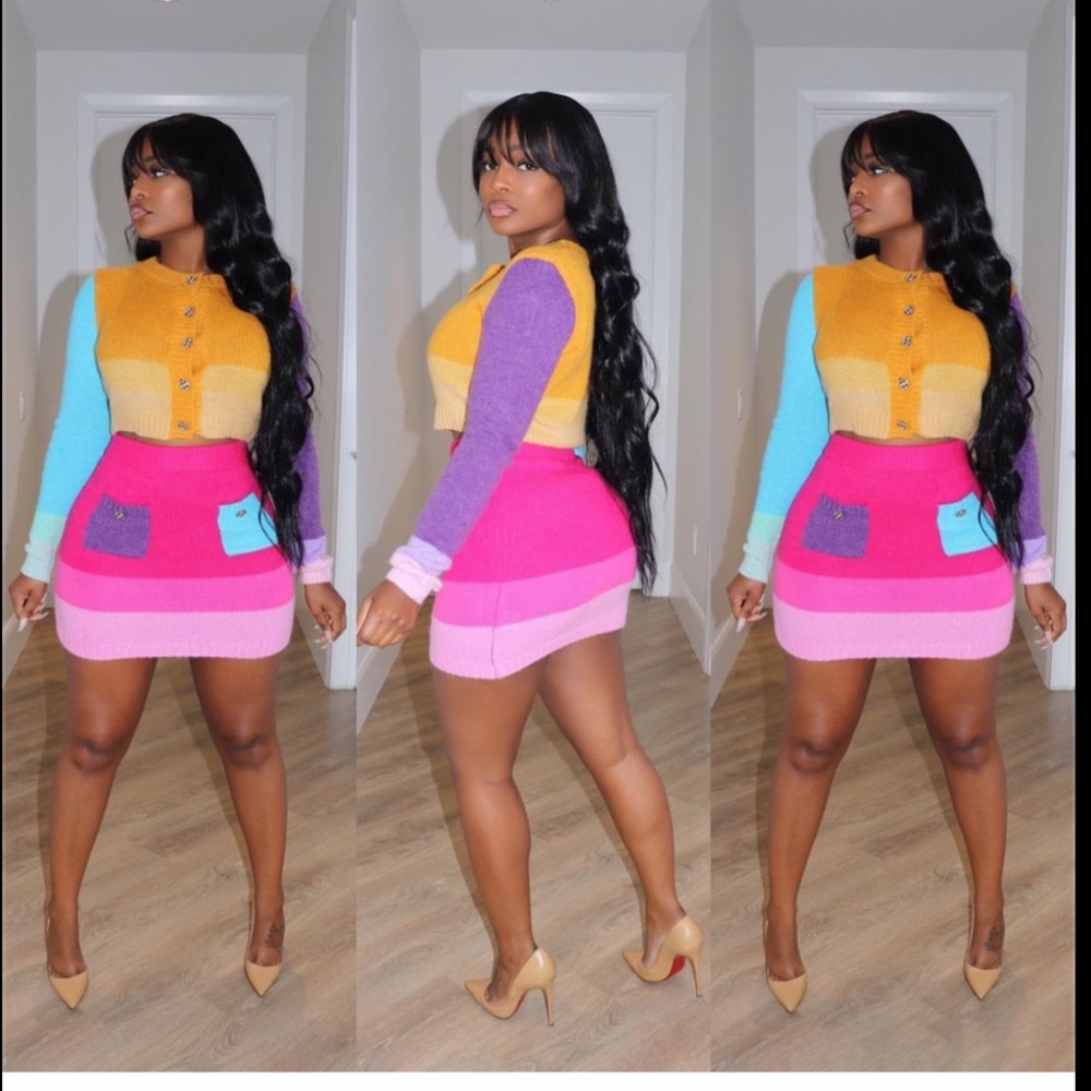 Colorblock Knit Sweater and Mini Skirt Set - Yellow, Pink, Purple, Aqua